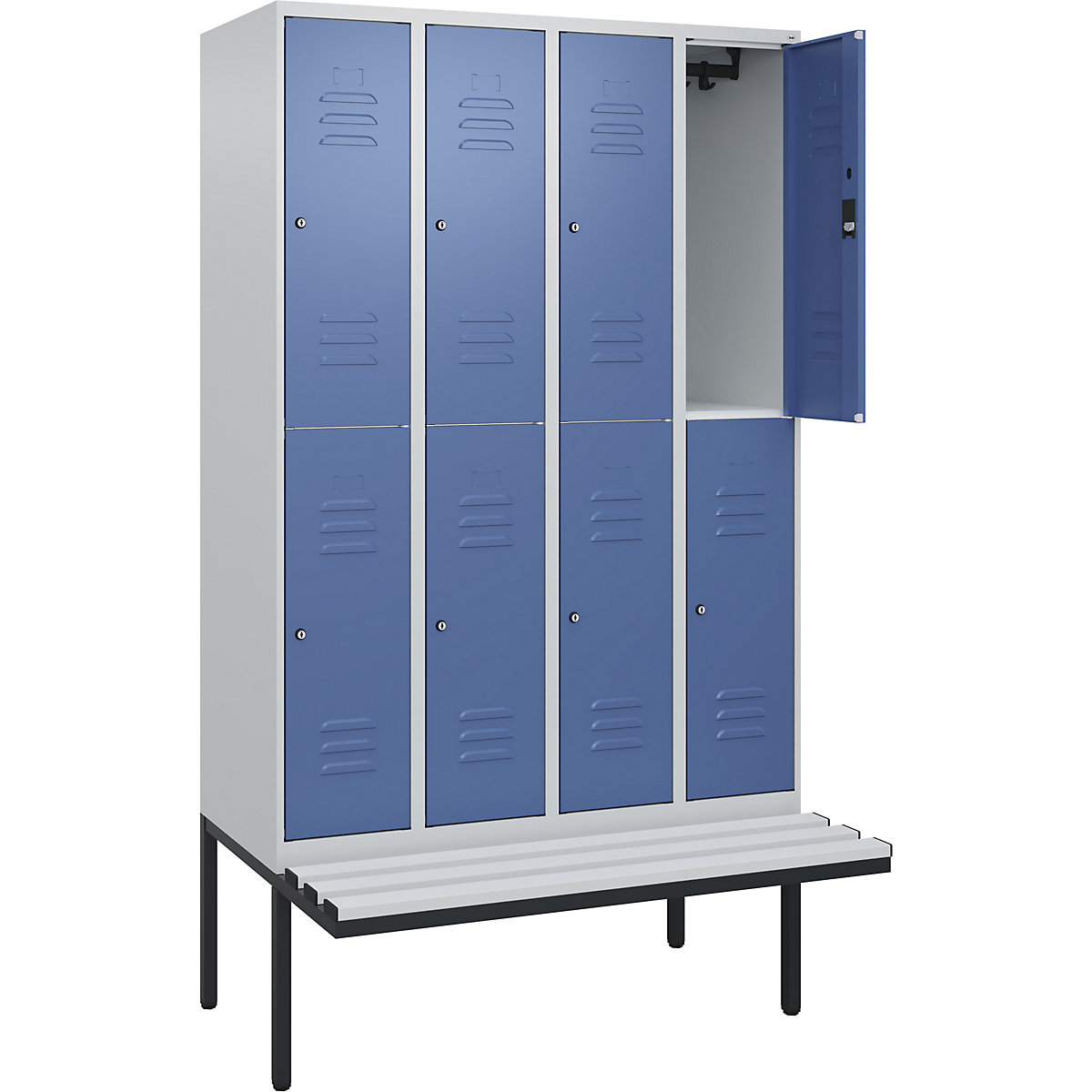 Armadietto a due piani Classic PLUS con panca – C+P, 4 scomparti, grigio chiaro / indaco, largh. 1200 mm, serratura a cilindro, panca sporgente, plastica-0