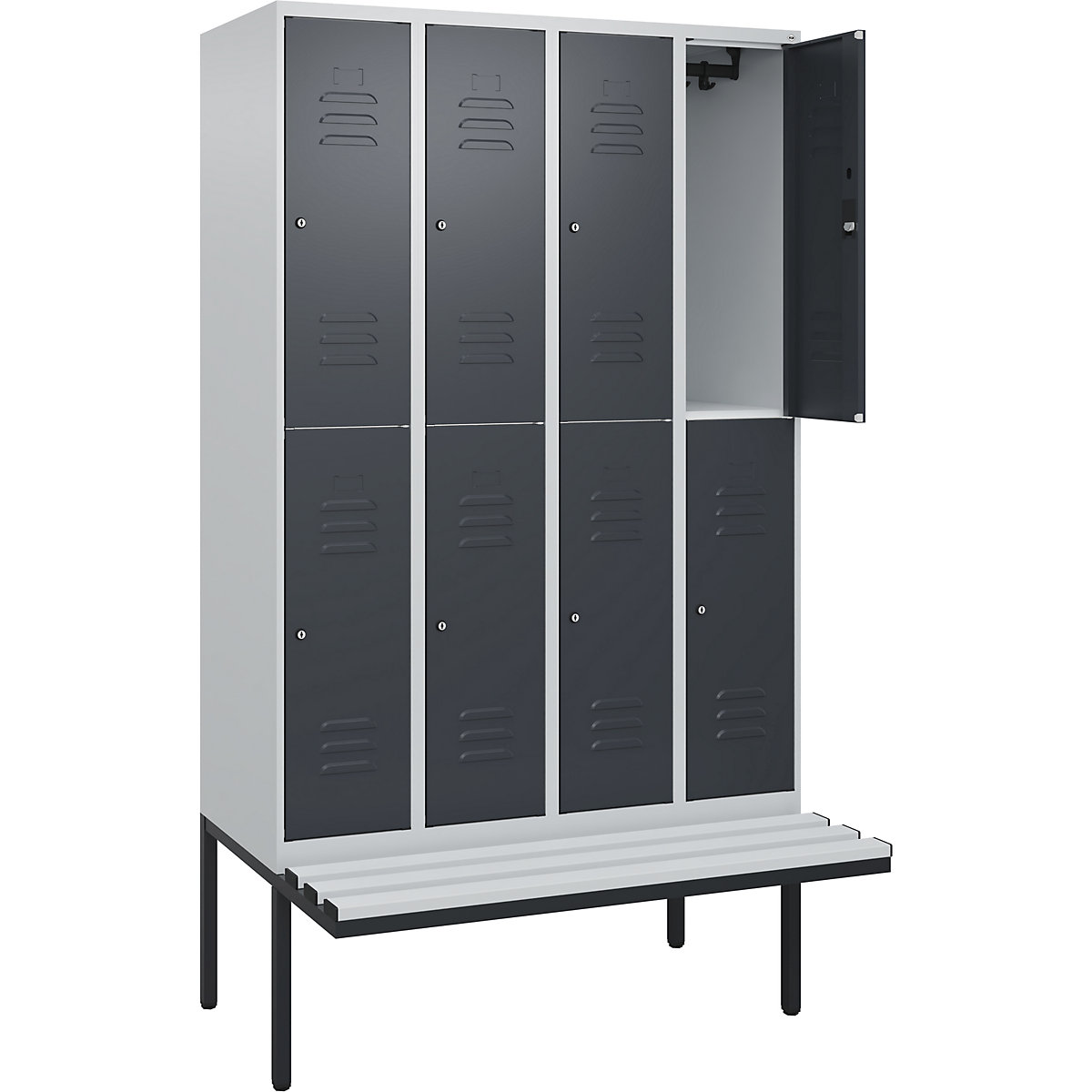 Armadietto a due piani Classic PLUS con panca – C+P, 4 scomparti, grigio chiaro / grigio, largh. 1200 mm, serratura a cilindro, panca sporgente, plastica-0