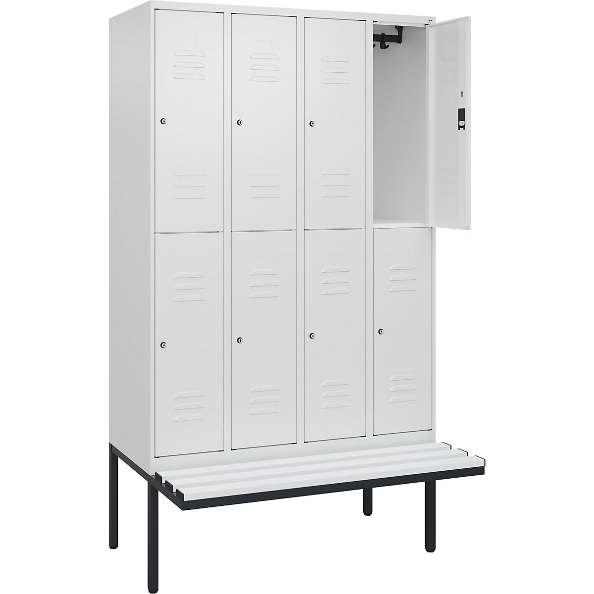 Armadietto a due piani Classic PLUS con panca – C+P, 4 scomparti, bianco traffico, largh. 1200 mm, serratura a cilindro, panca sporgente, plastica-0