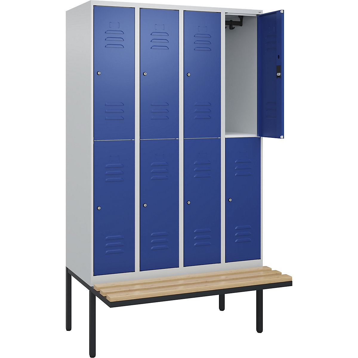 Armadietto a due piani Classic PLUS con panca – C+P, 4 scomparti, grigio chiaro / blu genziana, largh. 1200 mm, serratura a cilindro, panca sporgente, legno duro di faggio-0