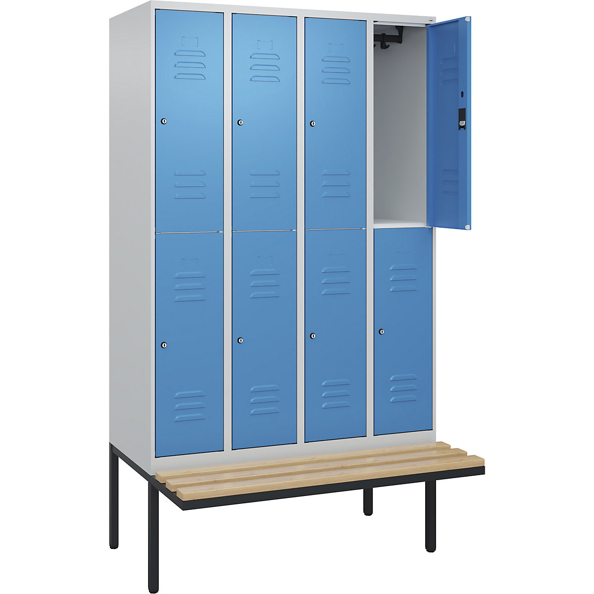 Armadietto a due piani Classic PLUS con panca – C+P, 4 scomparti, grigio chiaro / blu chiaro, largh. 1200 mm, serratura a cilindro, panca sporgente, legno duro di faggio-0