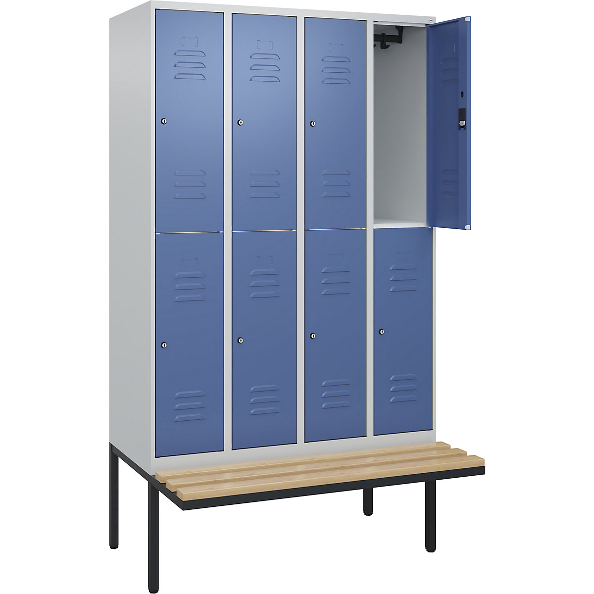 Armadietto a due piani Classic PLUS con panca – C+P, 4 scomparti, grigio chiaro / indaco, largh. 1200 mm, serratura a cilindro, panca sporgente, legno duro di faggio-0