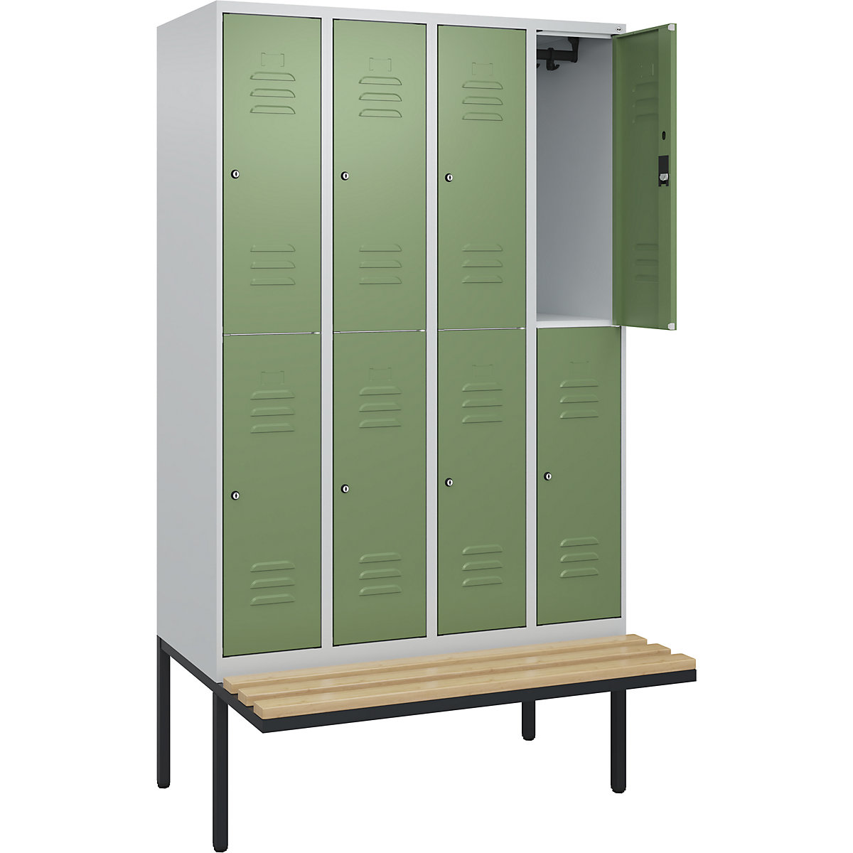 Armadietto a due piani Classic PLUS con panca – C+P, 4 scomparti, grigio chiaro / verde reseda, largh. 1200 mm, serratura a cilindro, panca sporgente, legno duro di faggio-0