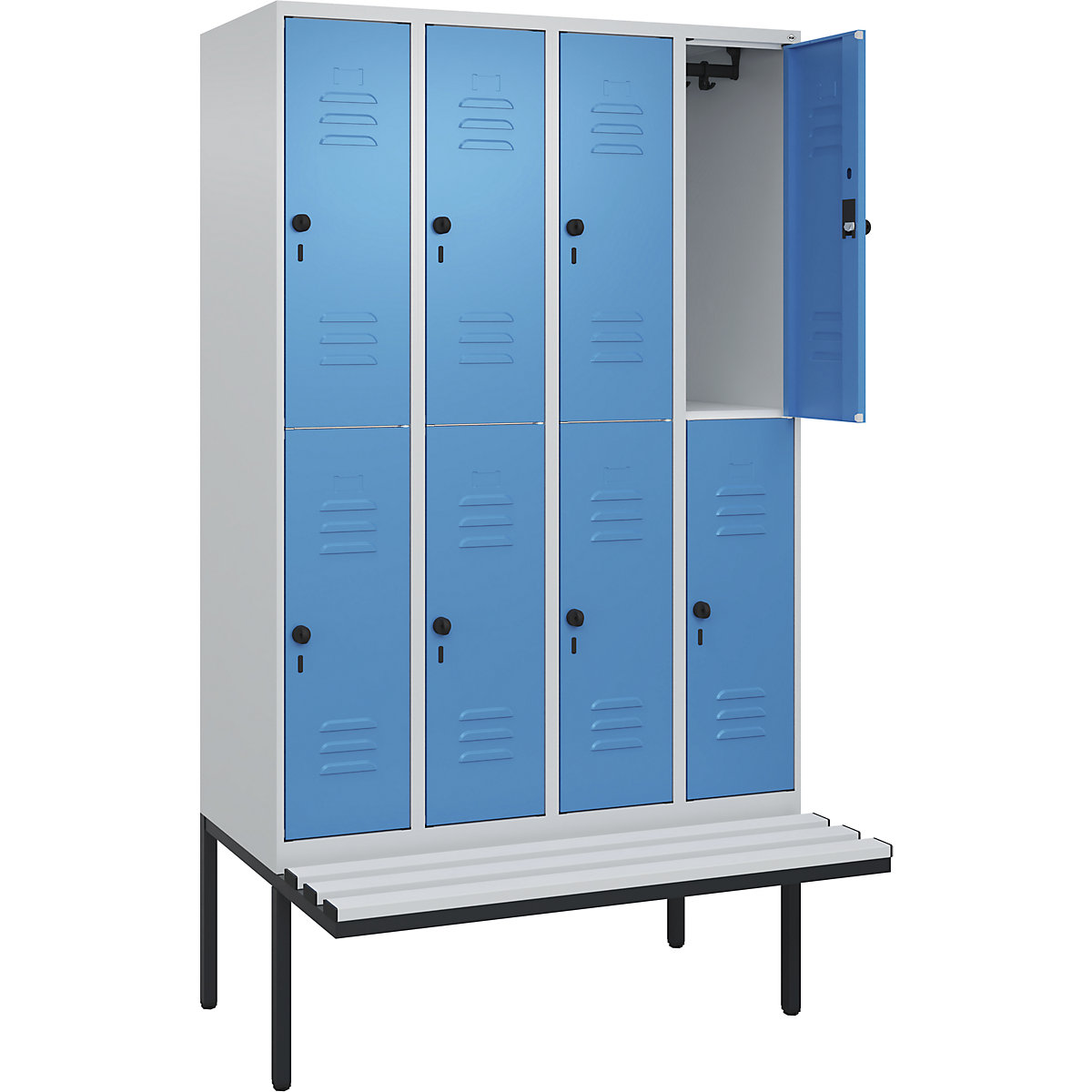 Armadietto a due piani Classic PLUS con panca – C+P, 4 scomparti, grigio chiaro / blu chiaro, largh. 1200 mm, serratura girevole di sicurezza, panca sporgente, plastica-0
