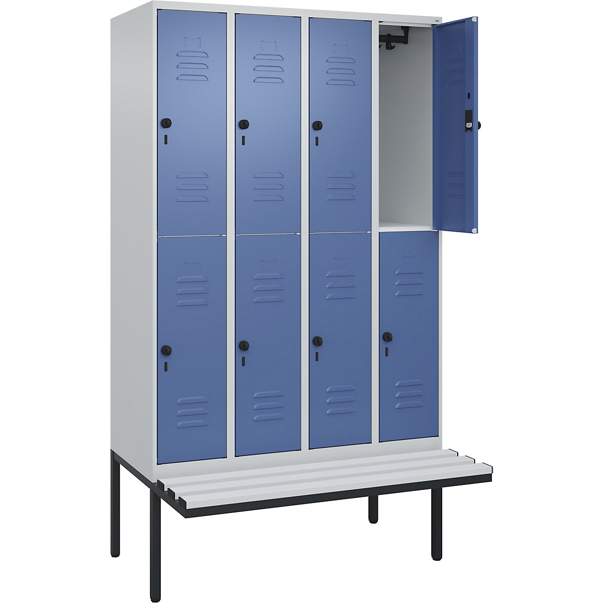 Armadietto a due piani Classic PLUS con panca – C+P, 4 scomparti, grigio chiaro / indaco, largh. 1200 mm, serratura girevole di sicurezza, panca sporgente, plastica-0