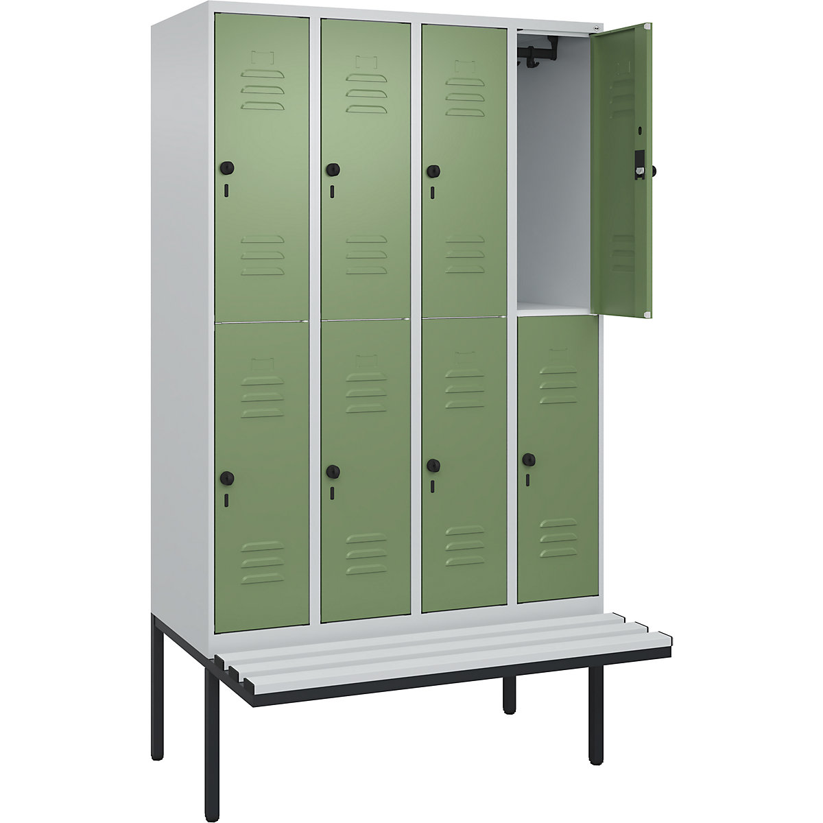 Armadietto a due piani Classic PLUS con panca – C+P, 4 scomparti, grigio chiaro / verde reseda, largh. 1200 mm, serratura girevole di sicurezza, panca sporgente, plastica-0