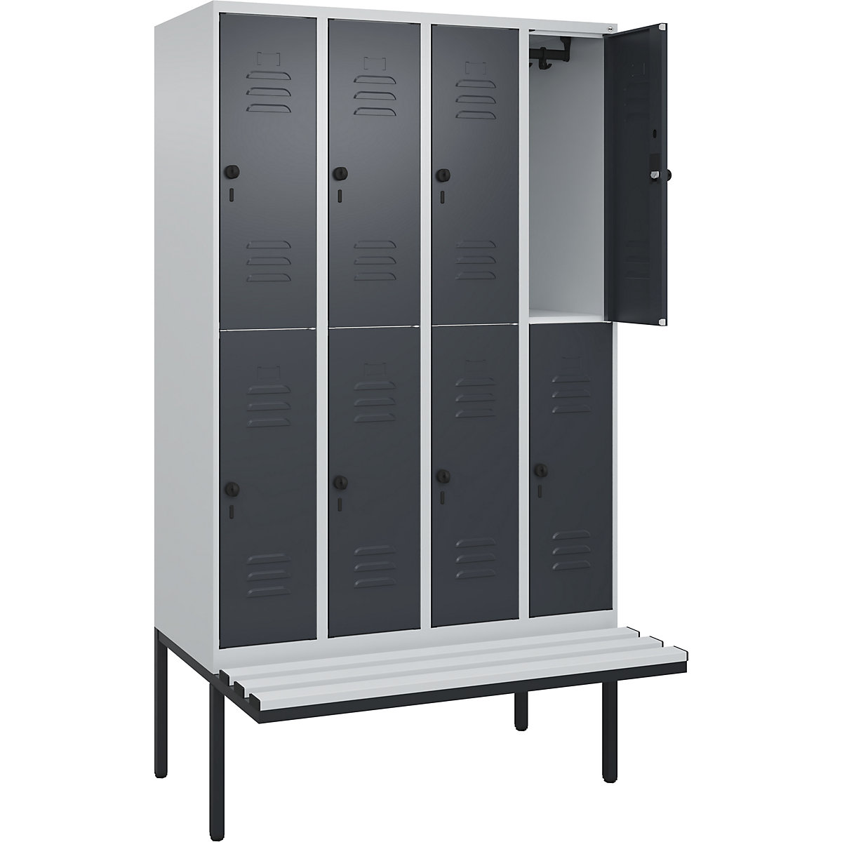 Armadietto a due piani Classic PLUS con panca – C+P, 4 scomparti, grigio chiaro / grigio, largh. 1200 mm, serratura girevole di sicurezza, panca sporgente, plastica-0