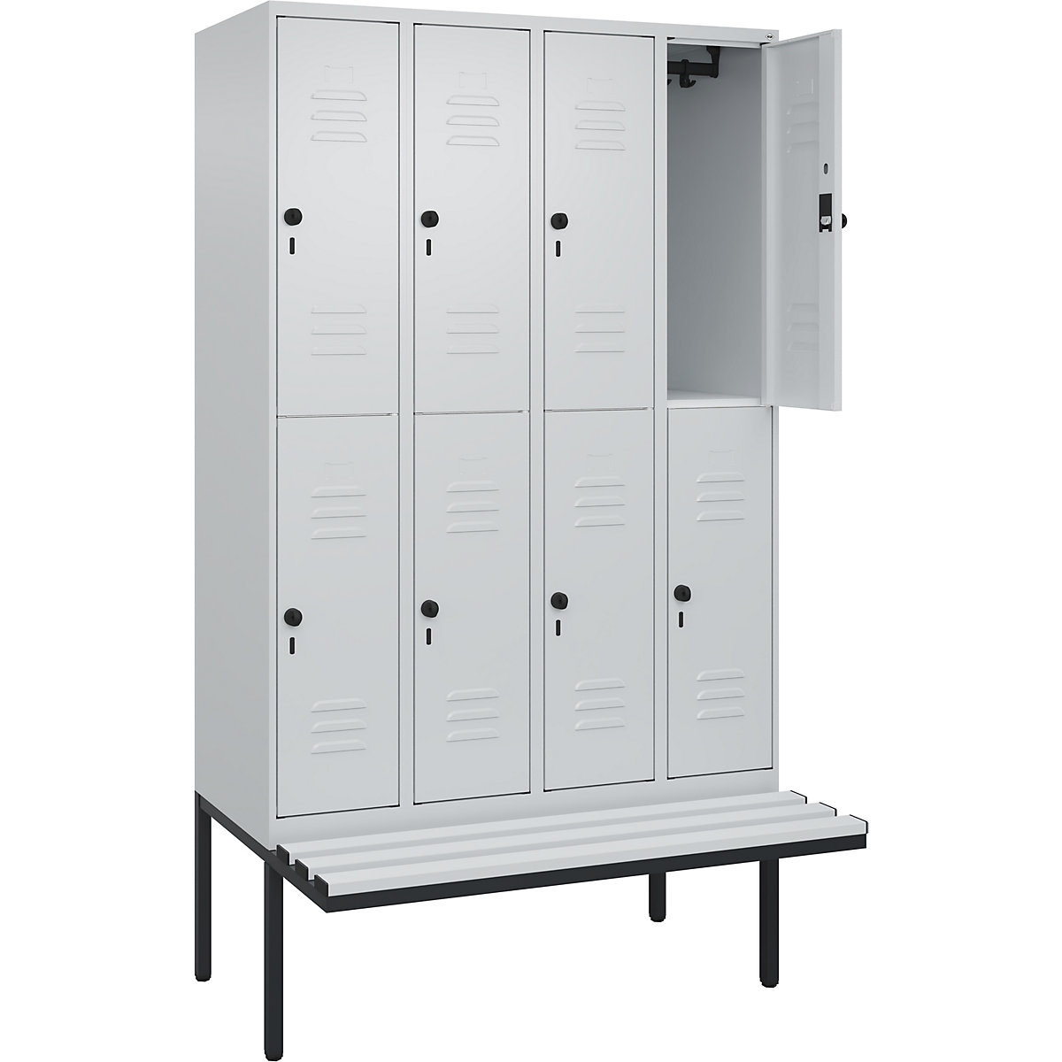 Armadietto a due piani Classic PLUS con panca – C+P, 4 scomparti, grigio chiaro, largh. 1200 mm, serratura girevole di sicurezza, panca sporgente, plastica-0
