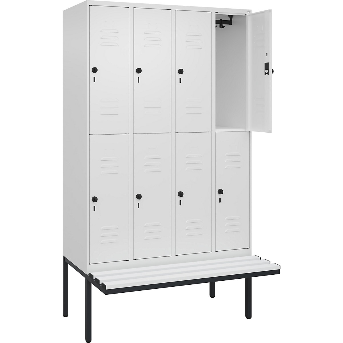 Armadietto a due piani Classic PLUS con panca – C+P, 4 scomparti, bianco traffico, largh. 1200 mm, serratura girevole di sicurezza, panca sporgente, plastica-0