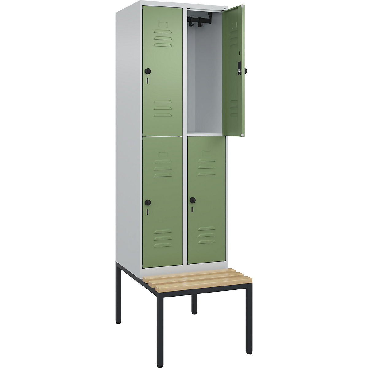 Armadietto a due piani Classic PLUS con panca – C+P, 2 scomparti, grigio chiaro / verde reseda, largh. 600 mm, serratura girevole di sicurezza, panca integrata, legno duro di faggio-0
