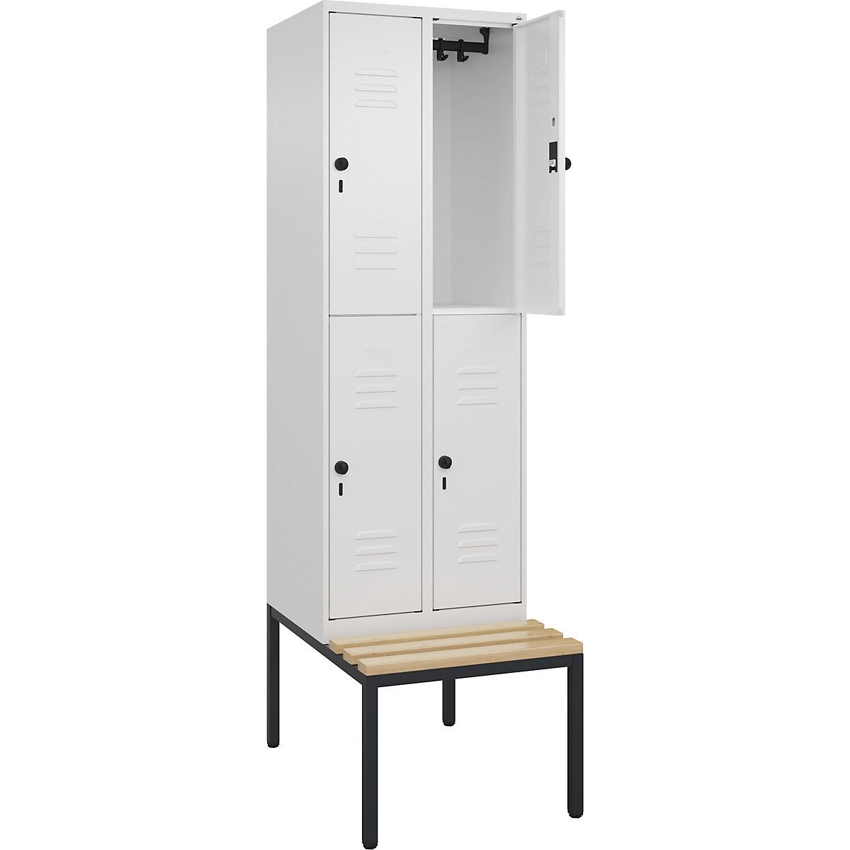 Armadietto a due piani Classic PLUS con panca – C+P, 2 scomparti, bianco traffico, largh. 600 mm, serratura girevole di sicurezza, panca integrata, legno duro di faggio-0