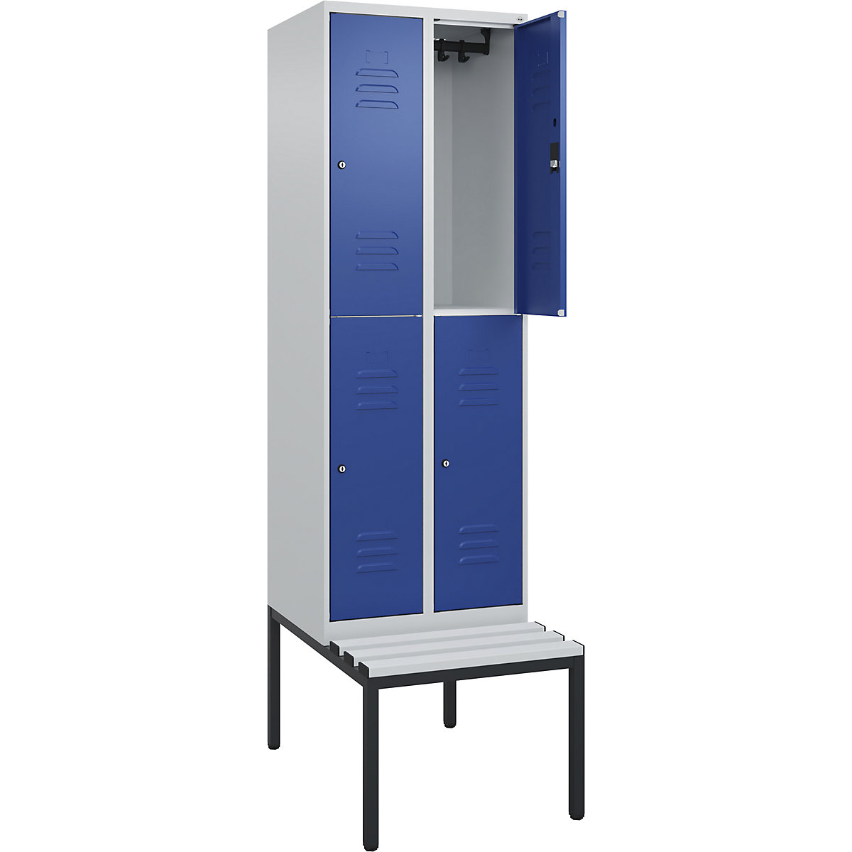 Armadietto a due piani Classic PLUS con panca – C+P, 2 scomparti, grigio chiaro / blu genziana, largh. 600 mm, serratura a cilindro, panca integrata, plastica-0