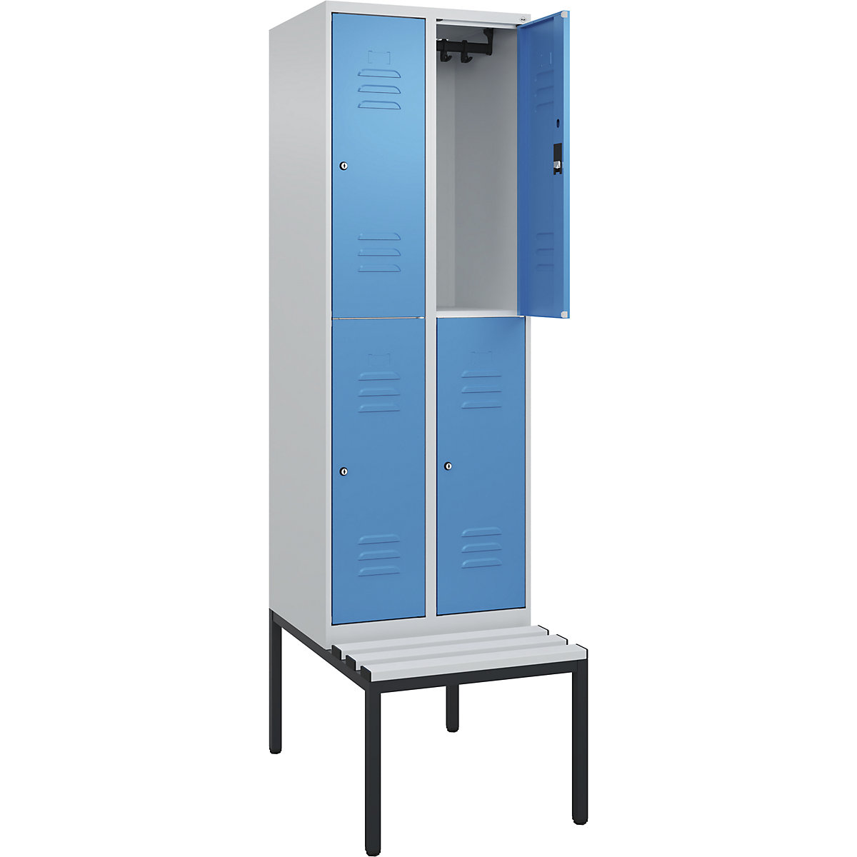 Armadietto a due piani Classic PLUS con panca – C+P, 2 scomparti, grigio chiaro / blu chiaro, largh. 600 mm, serratura a cilindro, panca integrata, plastica-0