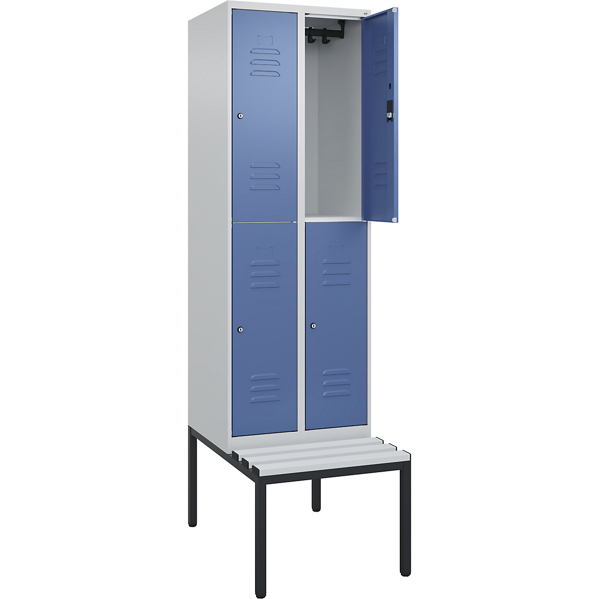 Armadietto a due piani Classic PLUS con panca – C+P, 2 scomparti, grigio chiaro / indaco, largh. 600 mm, serratura a cilindro, panca integrata, plastica-0