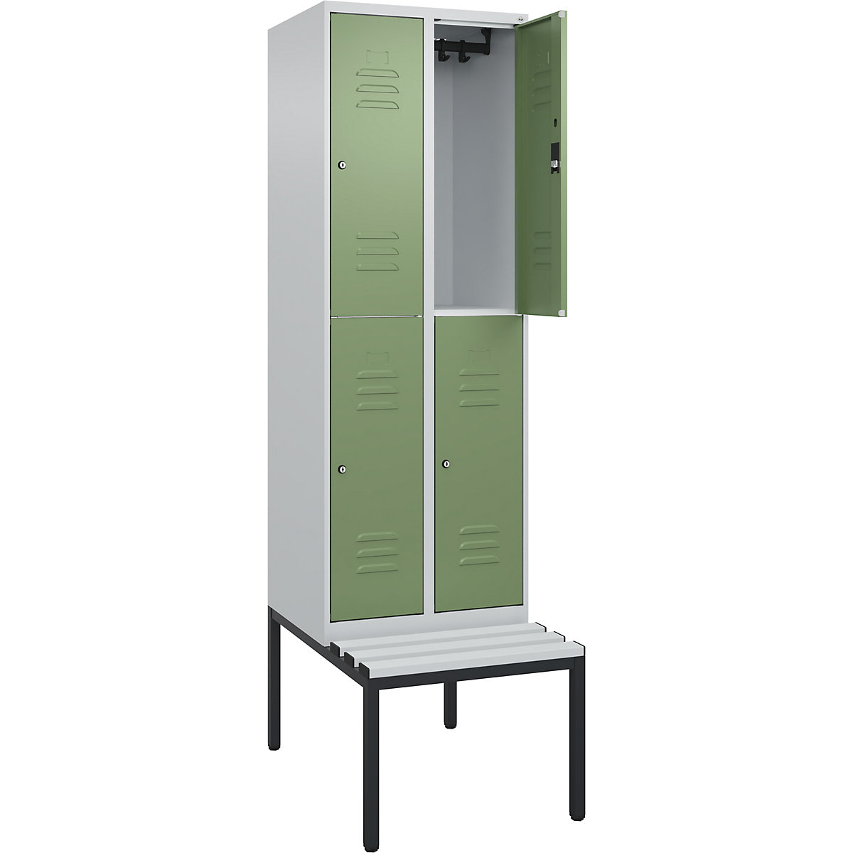 Armadietto a due piani Classic PLUS con panca – C+P, 2 scomparti, grigio chiaro / verde reseda, largh. 600 mm, serratura a cilindro, panca integrata, plastica-0