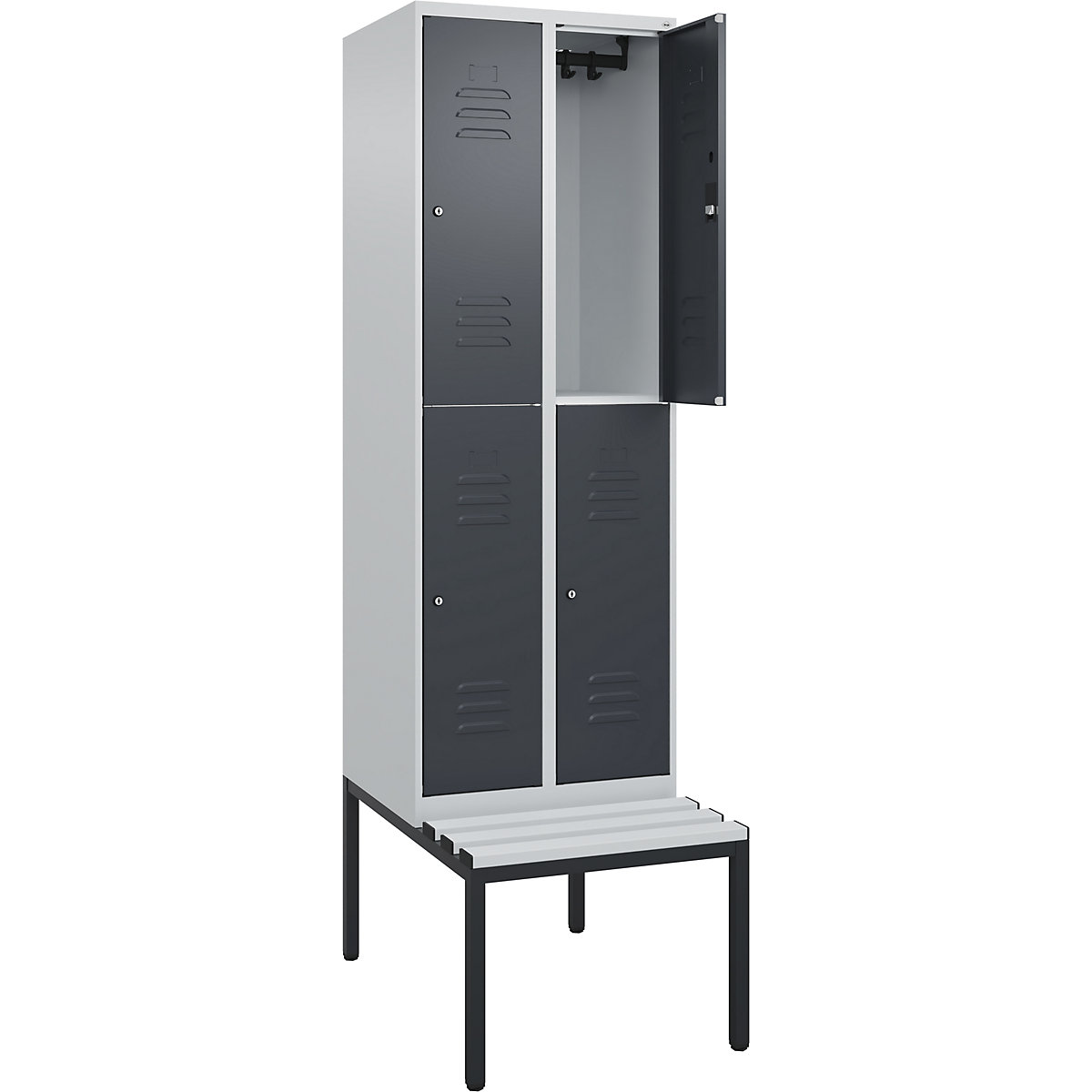Armadietto a due piani Classic PLUS con panca – C+P, 2 scomparti, grigio chiaro / grigio, largh. 600 mm, serratura a cilindro, panca integrata, plastica-0