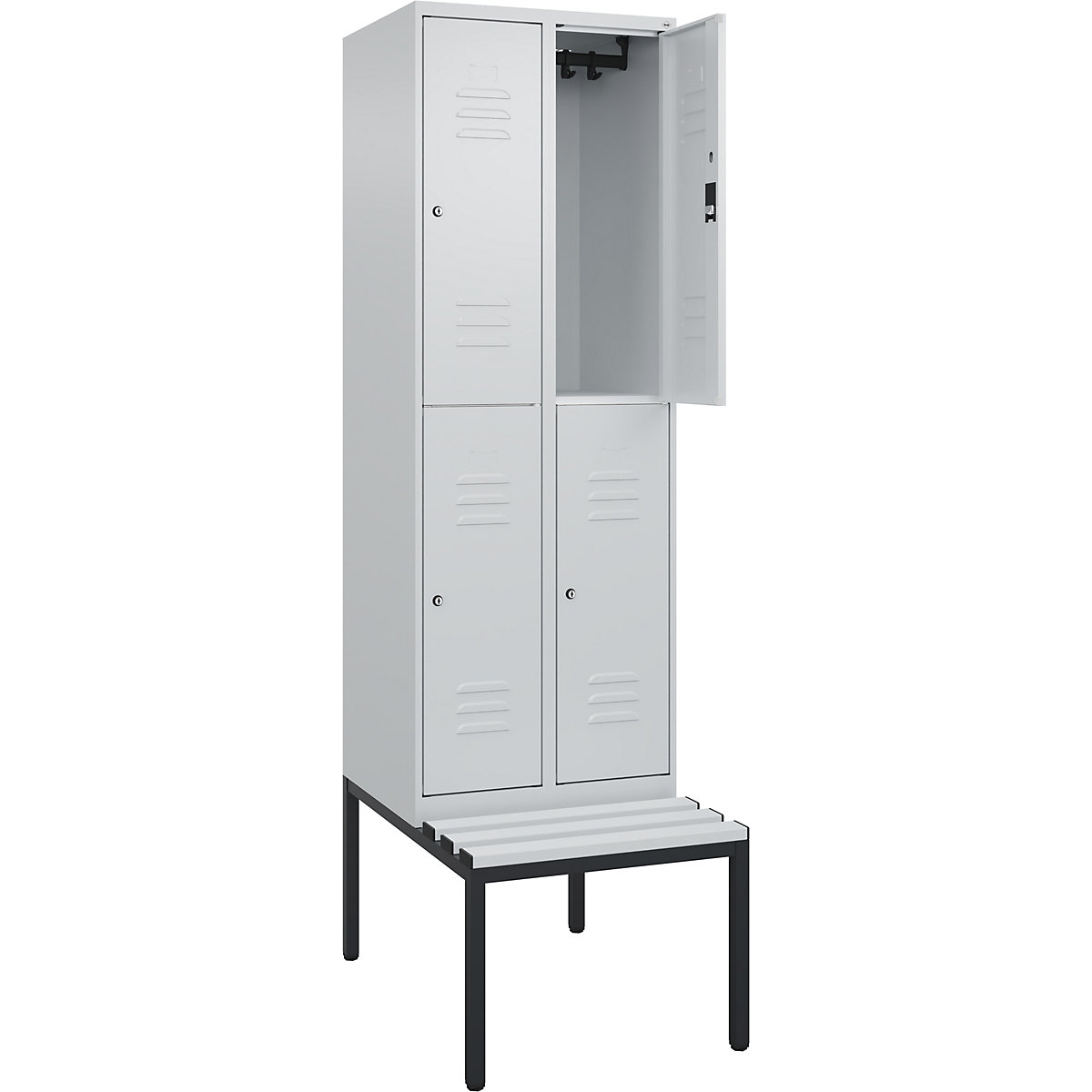 Armadietto a due piani Classic PLUS con panca – C+P, 2 scomparti, grigio chiaro, largh. 600 mm, serratura a cilindro, panca integrata, plastica-0