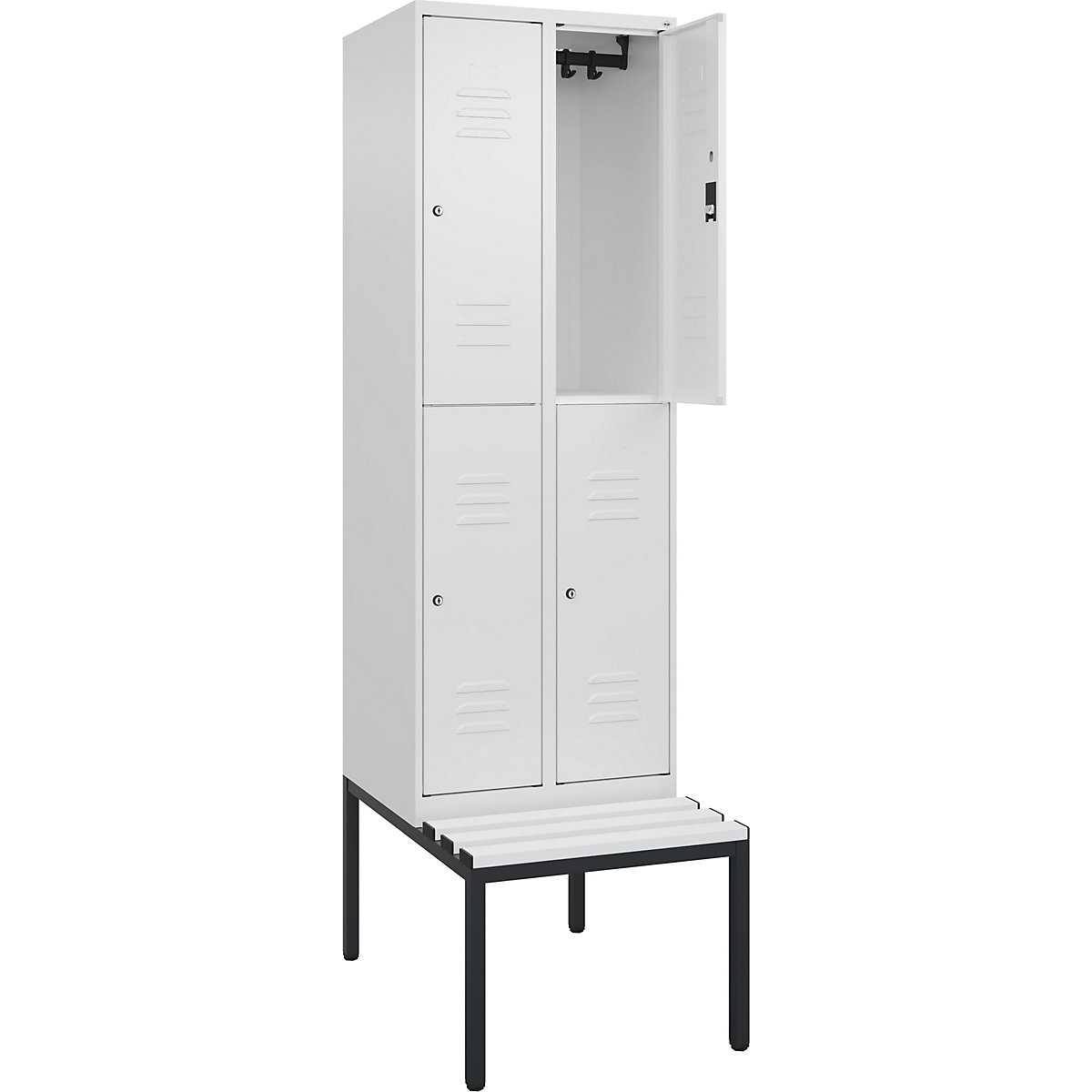 Armadietto a due piani Classic PLUS con panca – C+P, 2 scomparti, bianco traffico, largh. 600 mm, serratura a cilindro, panca integrata, plastica-0