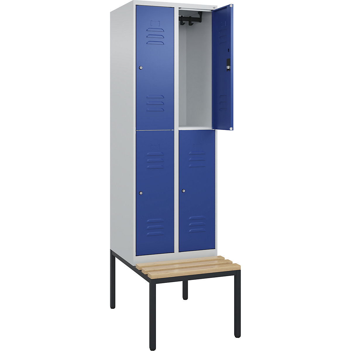 Armadietto a due piani Classic PLUS con panca – C+P, 2 scomparti, grigio chiaro / blu genziana, largh. 600 mm, serratura a cilindro, panca integrata, legno duro di faggio-0