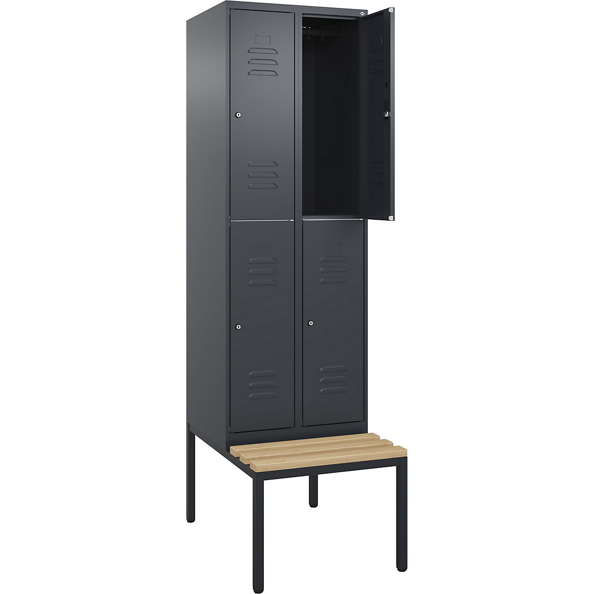 Armadietto a due piani Classic PLUS con panca – C+P, 2 scomparti, grigio, largh. 600 mm, serratura a cilindro, panca integrata, legno duro di faggio-0