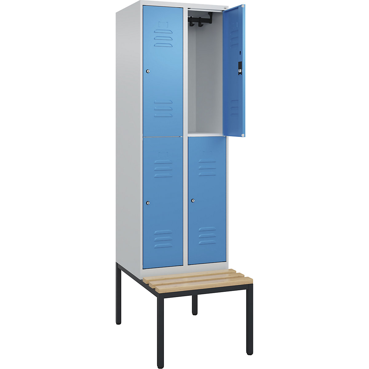 Armadietto a due piani Classic PLUS con panca – C+P, 2 scomparti, grigio chiaro / blu chiaro, largh. 600 mm, serratura a cilindro, panca integrata, legno duro di faggio-0