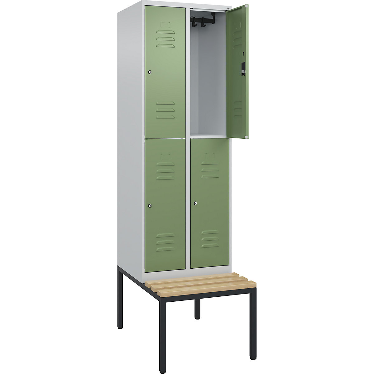Armadietto a due piani Classic PLUS con panca – C+P, 2 scomparti, grigio chiaro / verde reseda, largh. 600 mm, serratura a cilindro, panca integrata, legno duro di faggio-0