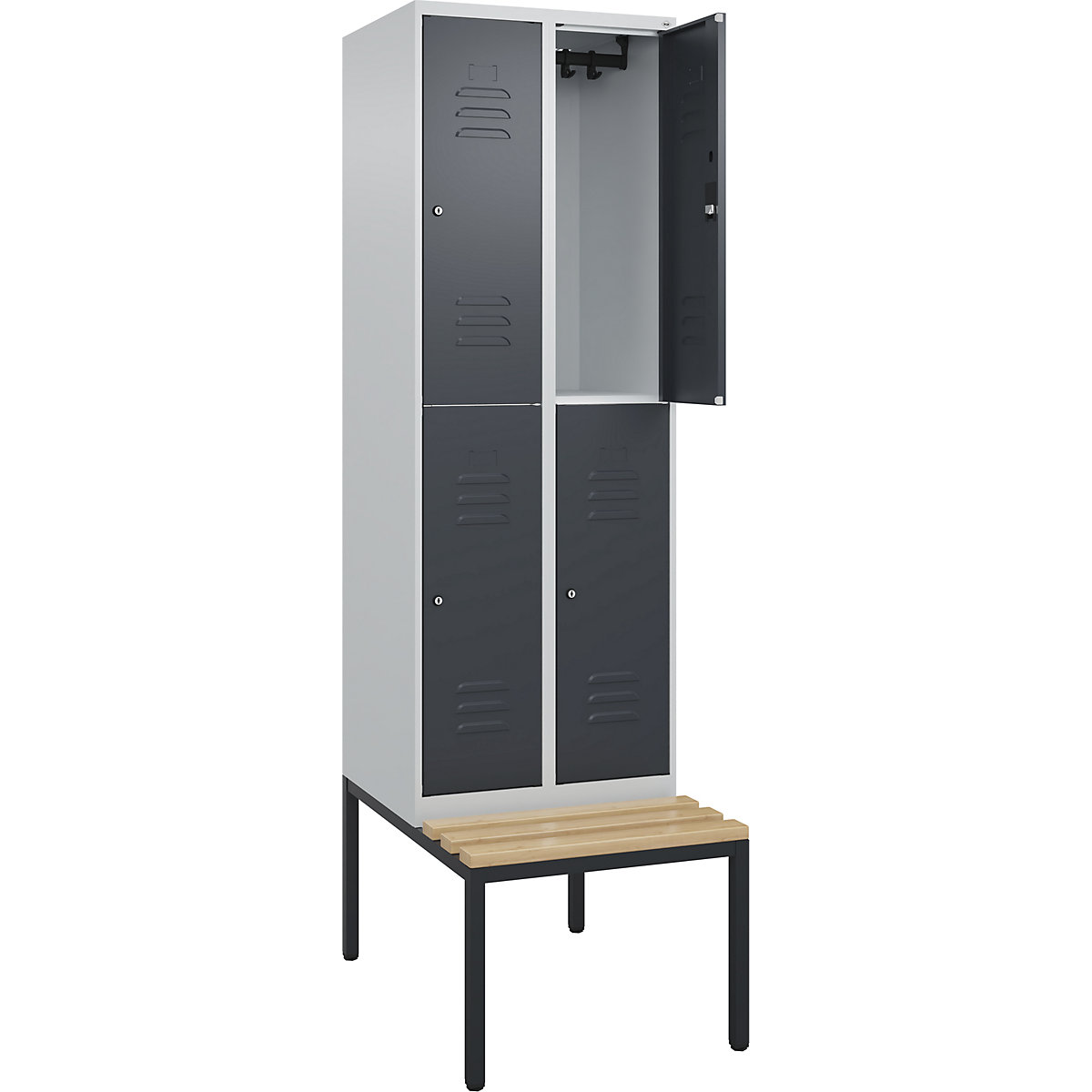 Armadietto a due piani Classic PLUS con panca – C+P, 2 scomparti, grigio chiaro / grigio, largh. 600 mm, serratura a cilindro, panca integrata, legno duro di faggio-0