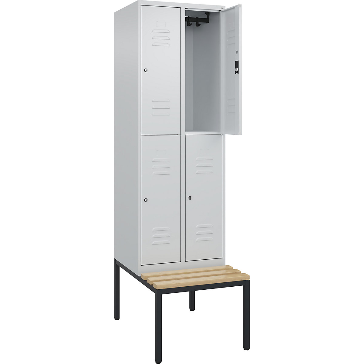 Armadietto a due piani Classic PLUS con panca – C+P, 2 scomparti, grigio chiaro, largh. 600 mm, serratura a cilindro, panca integrata, legno duro di faggio-0