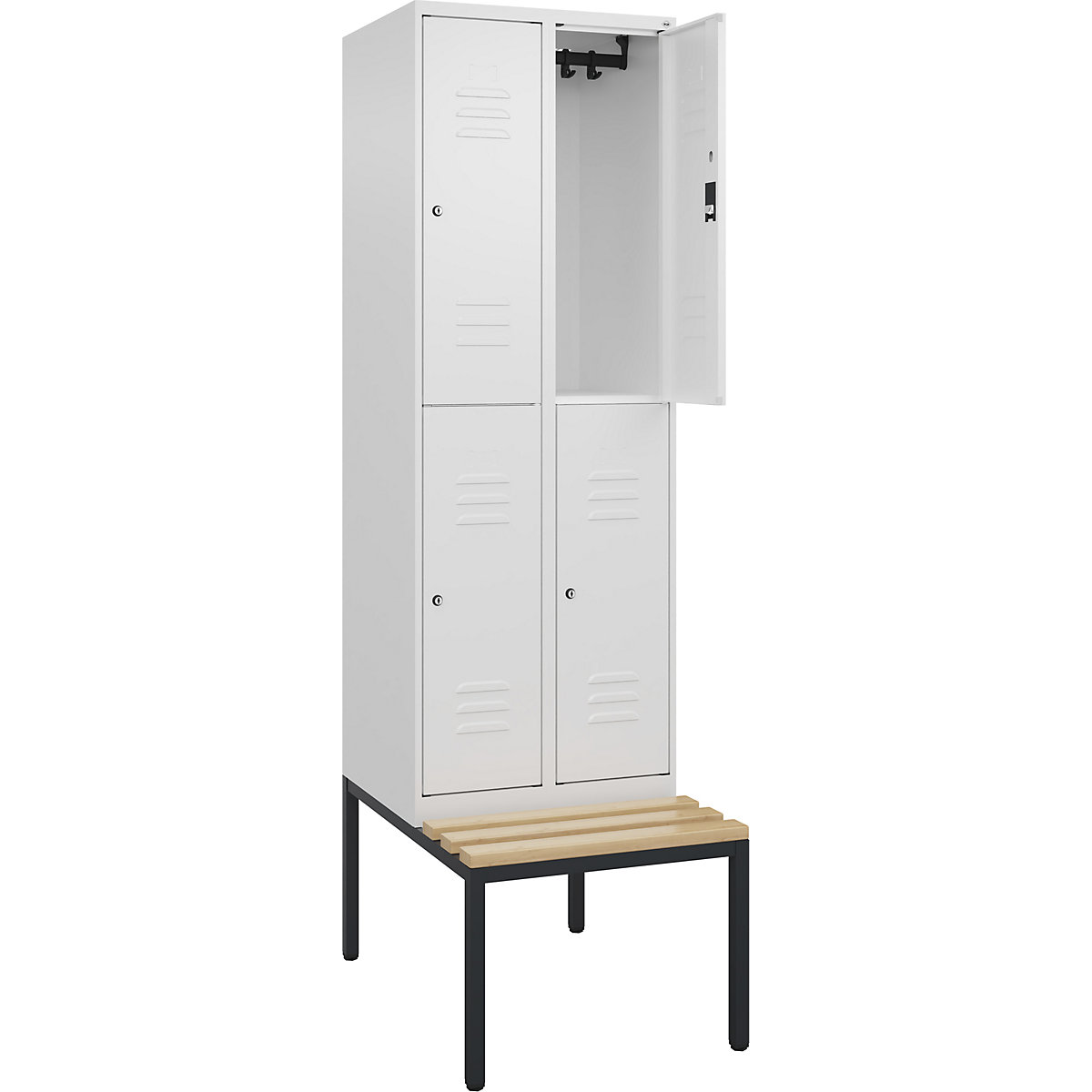 Armadietto a due piani Classic PLUS con panca – C+P, 2 scomparti, bianco traffico, largh. 600 mm, serratura a cilindro, panca integrata, legno duro di faggio-0