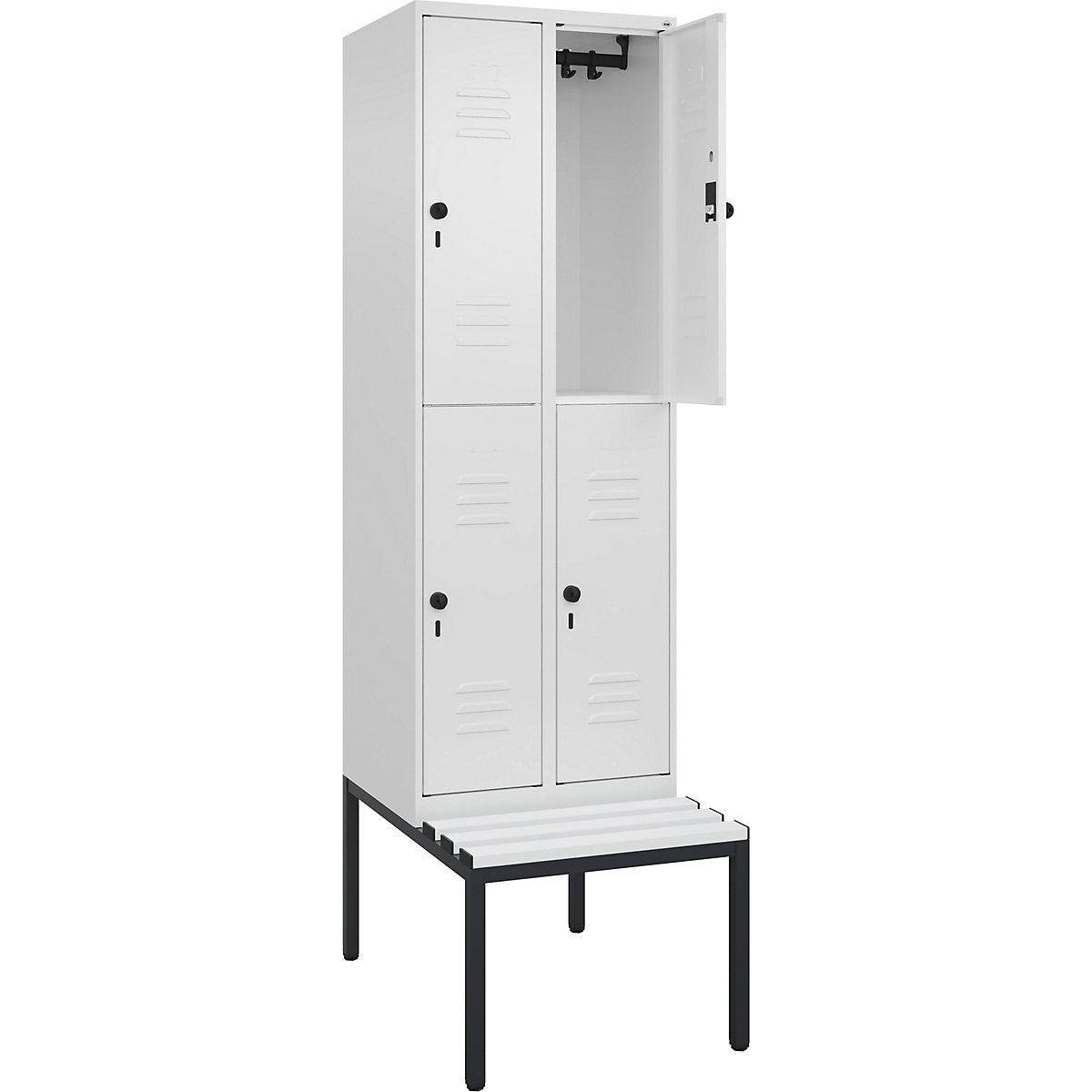 Armadietto a due piani Classic PLUS con panca – C+P, 2 scomparti, bianco traffico, largh. 600 mm, serratura girevole di sicurezza, panca integrata, plastica-0