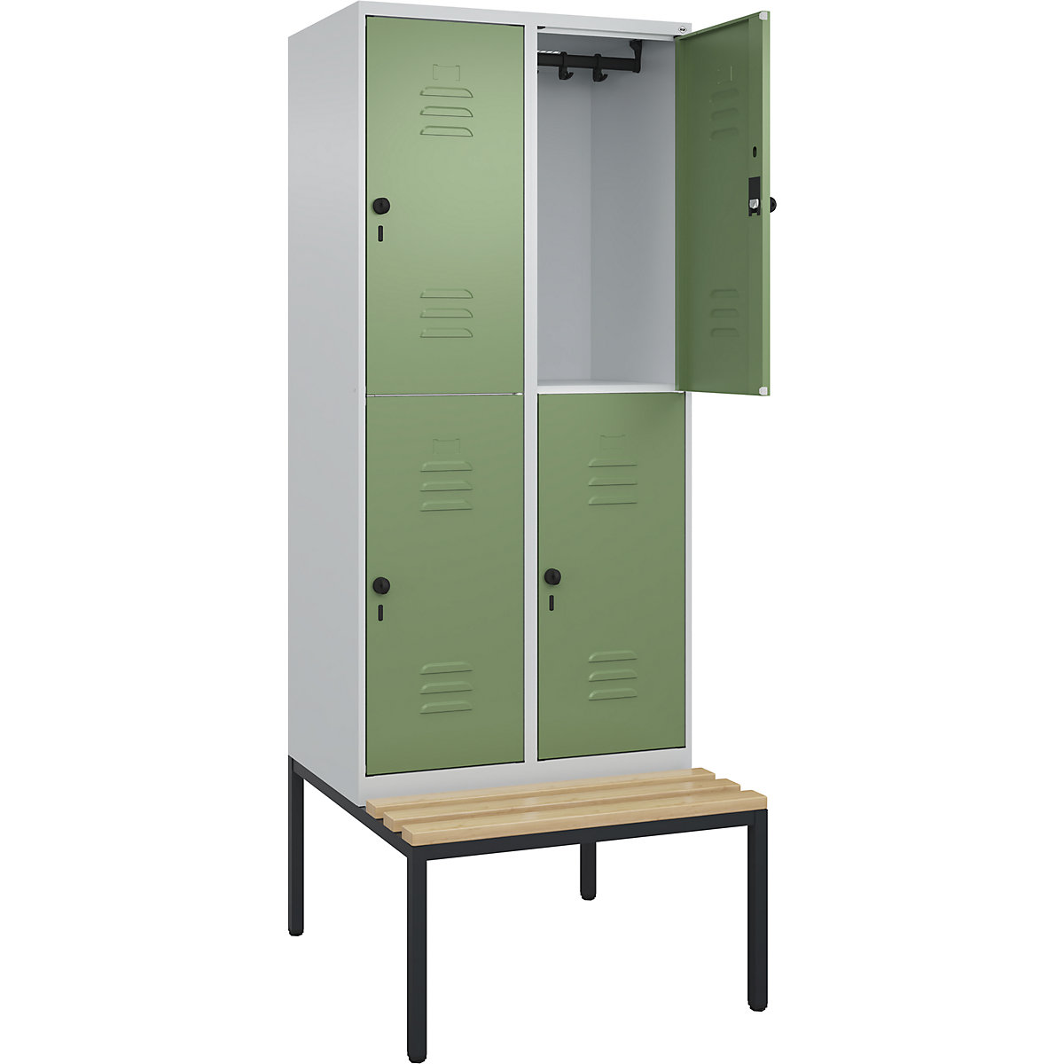 Armadietto a due piani Classic PLUS con panca – C+P, 2 scomparti, grigio chiaro / verde reseda, largh. 800 mm, serratura girevole di sicurezza, panca integrata, legno duro di faggio-0