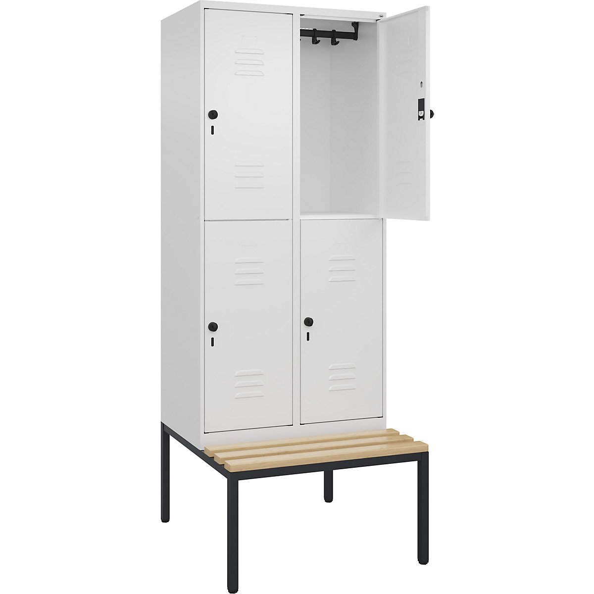 Armadietto a due piani Classic PLUS con panca – C+P, 2 scomparti, bianco traffico, largh. 800 mm, serratura girevole di sicurezza, panca integrata, legno duro di faggio-0