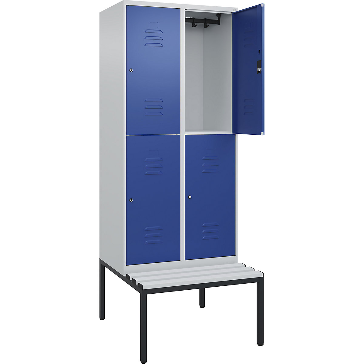 Armadietto a due piani Classic PLUS con panca – C+P, 2 scomparti, grigio chiaro / blu genziana, largh. 800 mm, serratura a cilindro, panca integrata, plastica-0