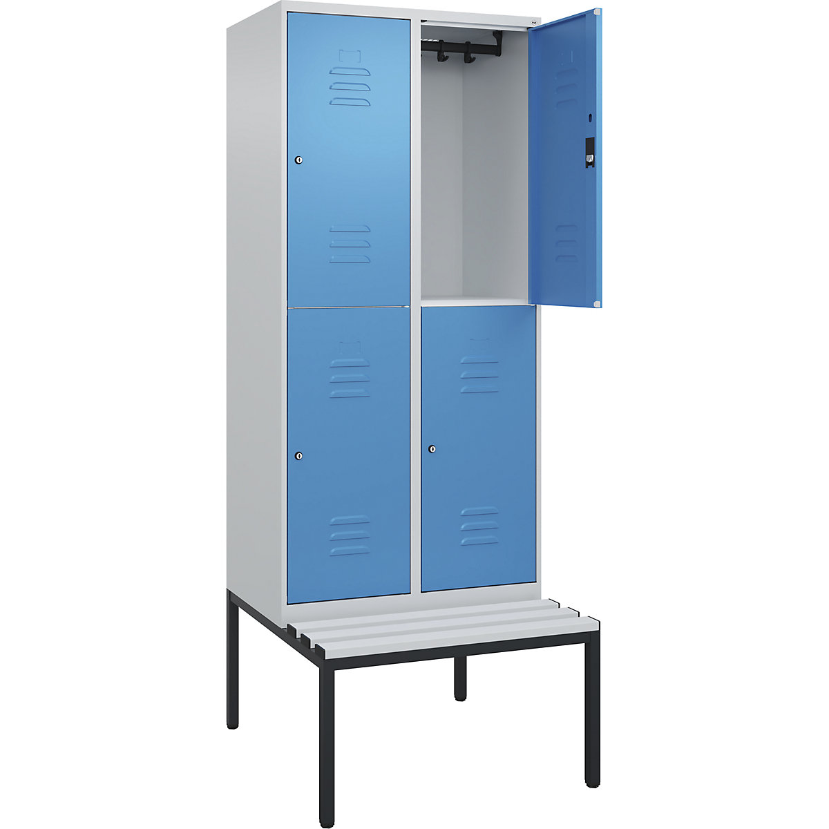 Armadietto a due piani Classic PLUS con panca – C+P, 2 scomparti, grigio chiaro / blu chiaro, largh. 800 mm, serratura a cilindro, panca integrata, plastica-0