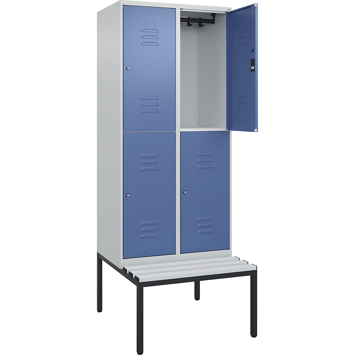 Armadietto a due piani Classic PLUS con panca – C+P, 2 scomparti, grigio chiaro / indaco, largh. 800 mm, serratura a cilindro, panca integrata, plastica-0