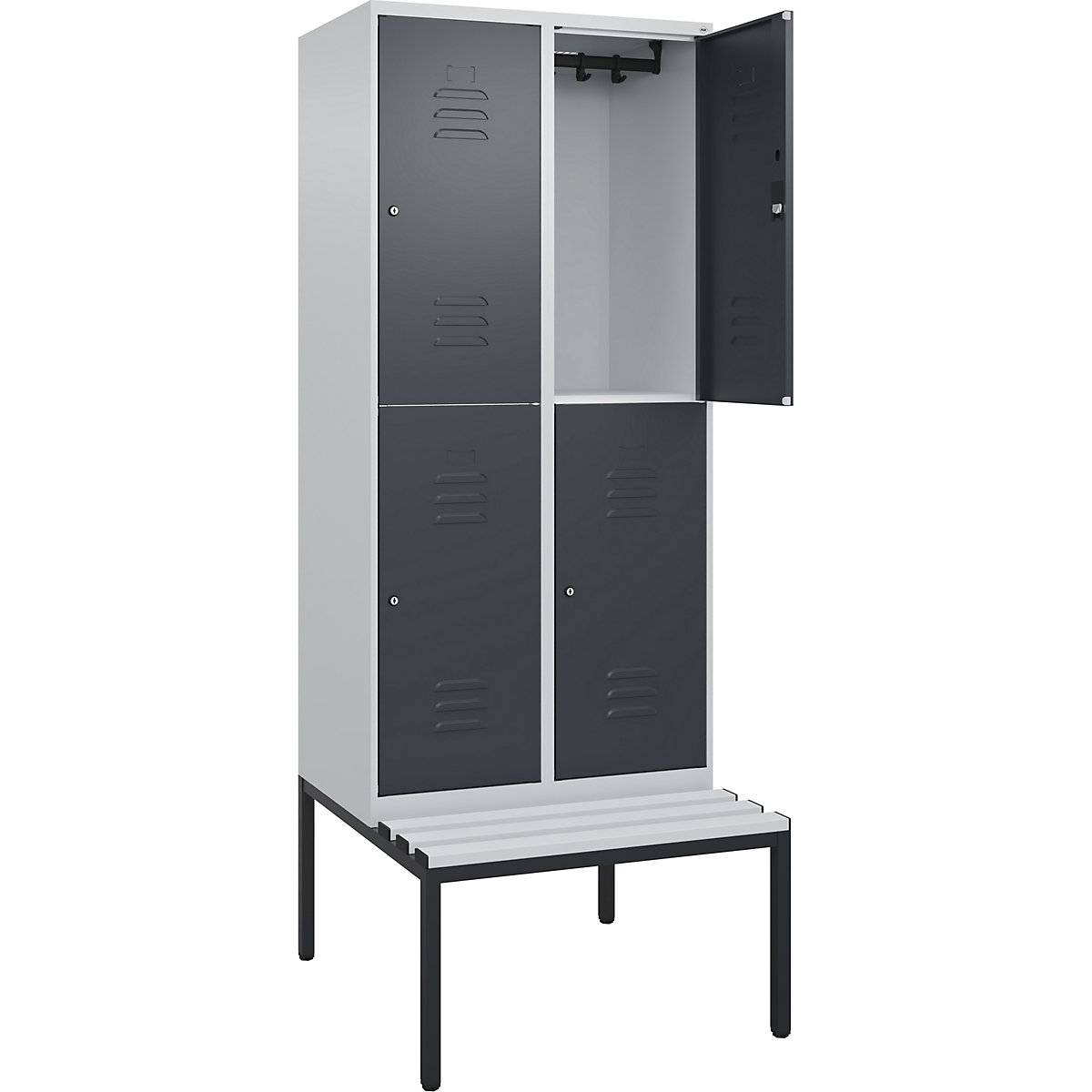 Armadietto a due piani Classic PLUS con panca – C+P, 2 scomparti, grigio chiaro / grigio, largh. 800 mm, serratura a cilindro, panca integrata, plastica-0