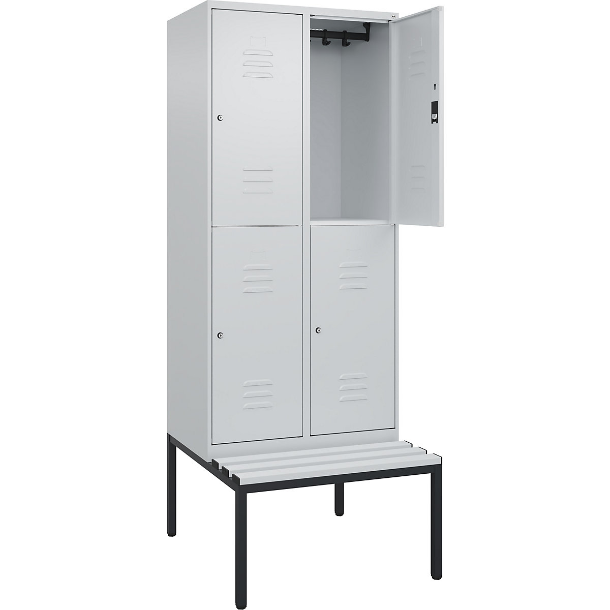 Armadietto a due piani Classic PLUS con panca – C+P, 2 scomparti, grigio chiaro, largh. 800 mm, serratura a cilindro, panca integrata, plastica-0