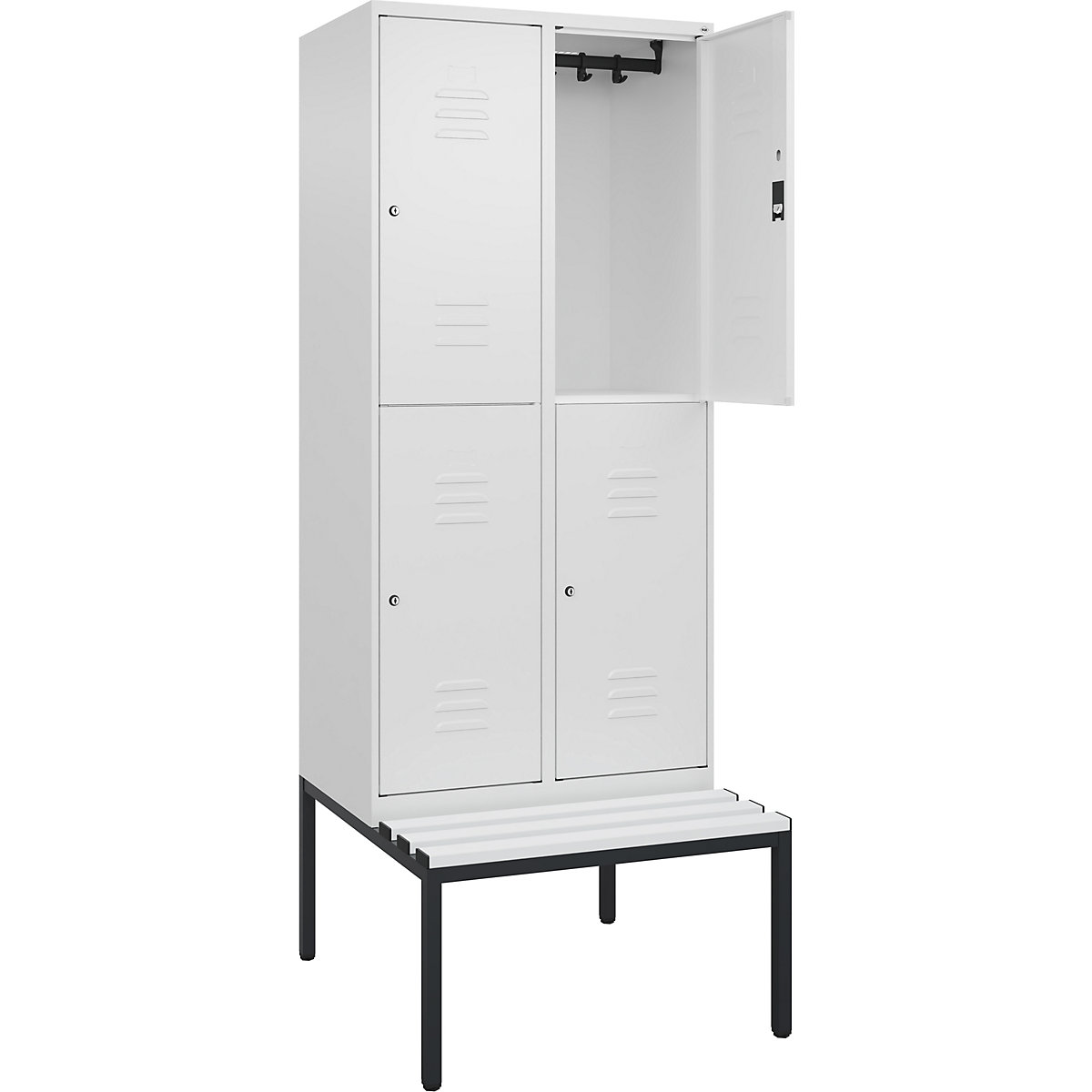 Armadietto a due piani Classic PLUS con panca – C+P, 2 scomparti, bianco traffico, largh. 800 mm, serratura a cilindro, panca integrata, plastica-0