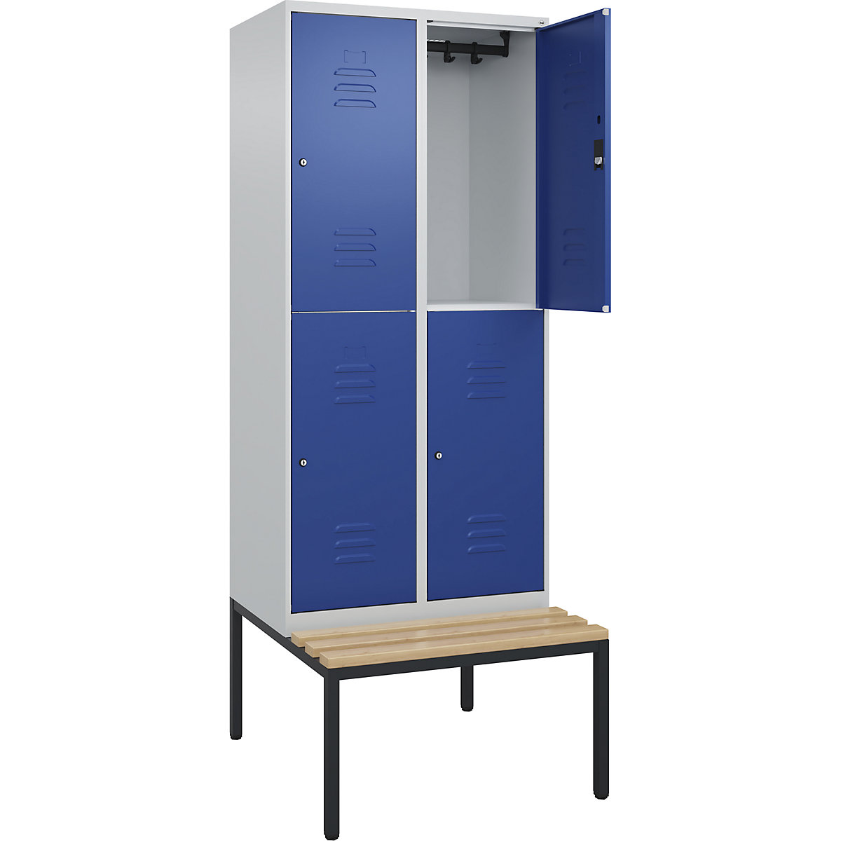 Armadietto a due piani Classic PLUS con panca – C+P, 2 scomparti, grigio chiaro / blu genziana, largh. 800 mm, serratura a cilindro, panca integrata, legno duro di faggio-0