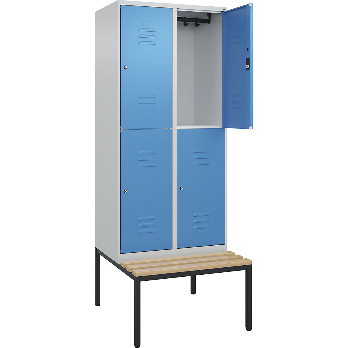 Armadietto a due piani Classic PLUS con panca – C+P, 2 scomparti, grigio chiaro / blu chiaro, largh. 800 mm, serratura a cilindro, panca integrata, legno duro di faggio-0
