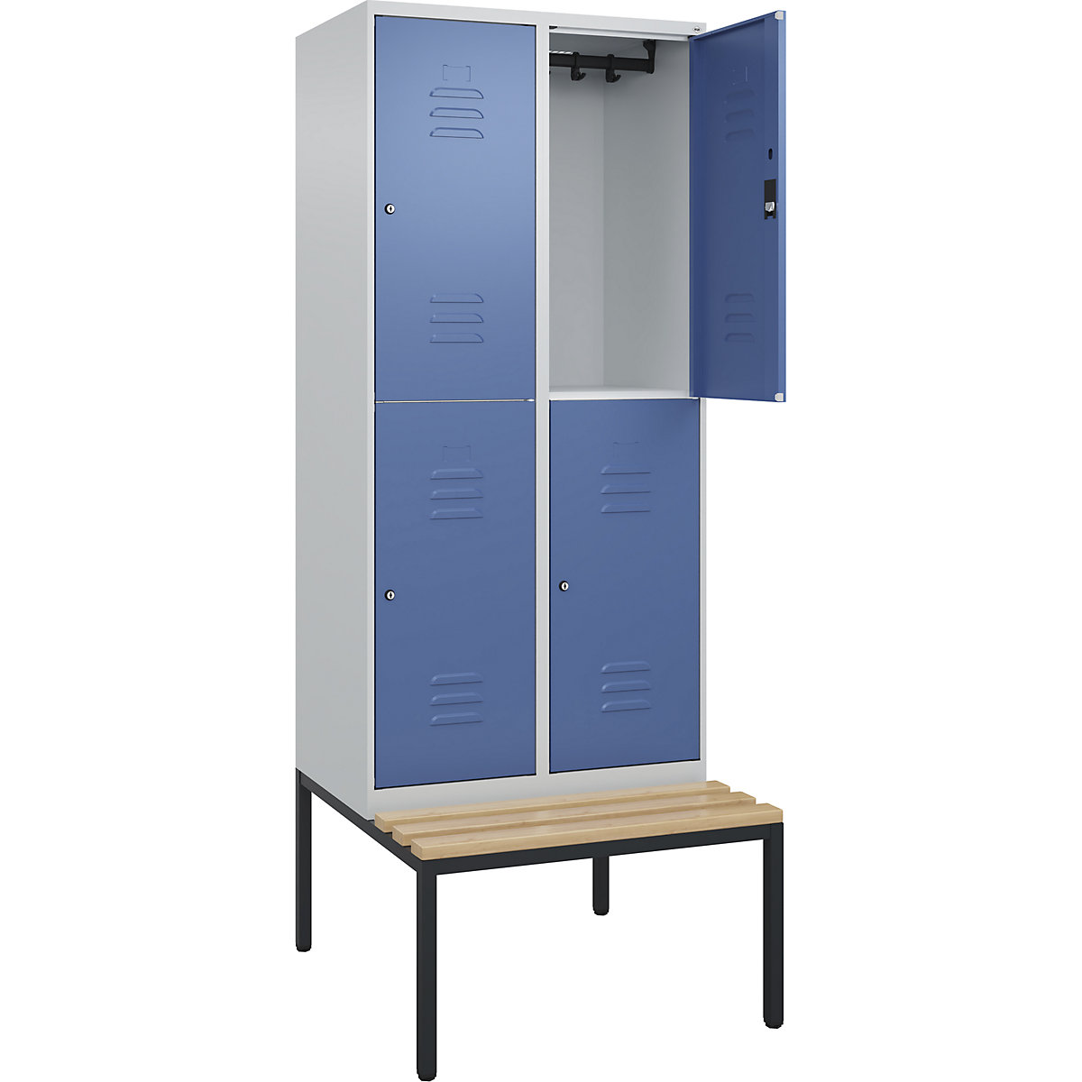 Armadietto a due piani Classic PLUS con panca – C+P, 2 scomparti, grigio chiaro / indaco, largh. 800 mm, serratura a cilindro, panca integrata, legno duro di faggio-0