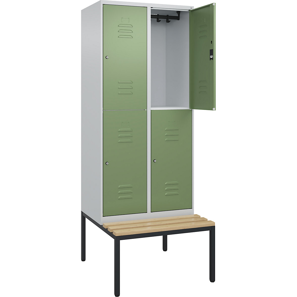 Armadietto a due piani Classic PLUS con panca – C+P, 2 scomparti, grigio chiaro / verde reseda, largh. 800 mm, serratura a cilindro, panca integrata, legno duro di faggio-0