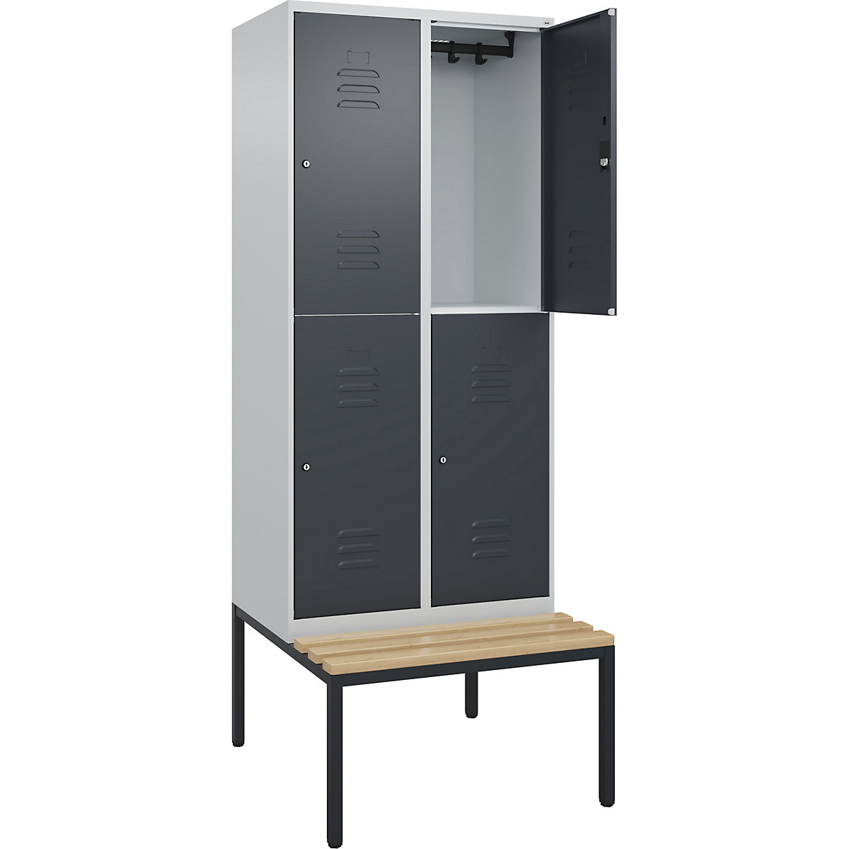 Armadietto a due piani Classic PLUS con panca – C+P, 2 scomparti, grigio chiaro / grigio, largh. 800 mm, serratura a cilindro, panca integrata, legno duro di faggio-0