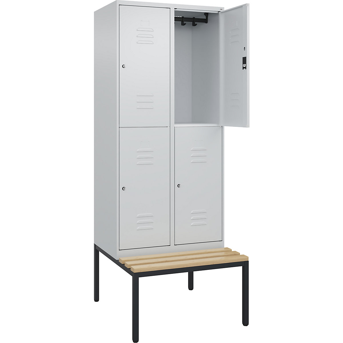 Armadietto a due piani Classic PLUS con panca – C+P, 2 scomparti, grigio chiaro, largh. 800 mm, serratura a cilindro, panca integrata, legno duro di faggio-0