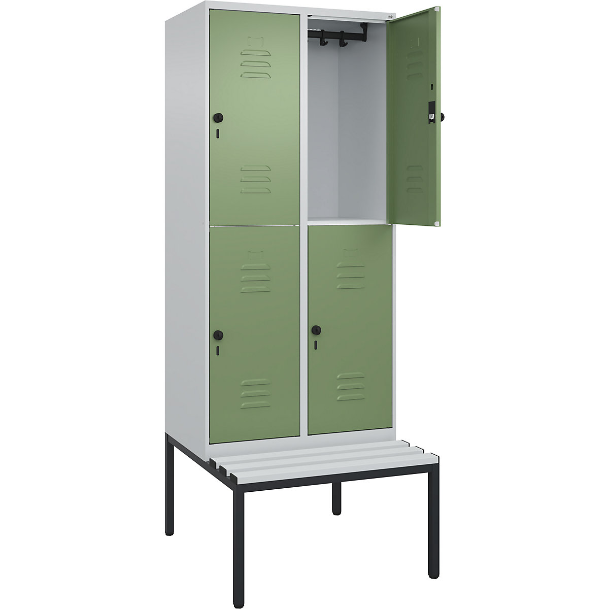 Armadietto a due piani Classic PLUS con panca – C+P, 2 scomparti, grigio chiaro / verde reseda, largh. 800 mm, serratura girevole di sicurezza, panca integrata, plastica-0