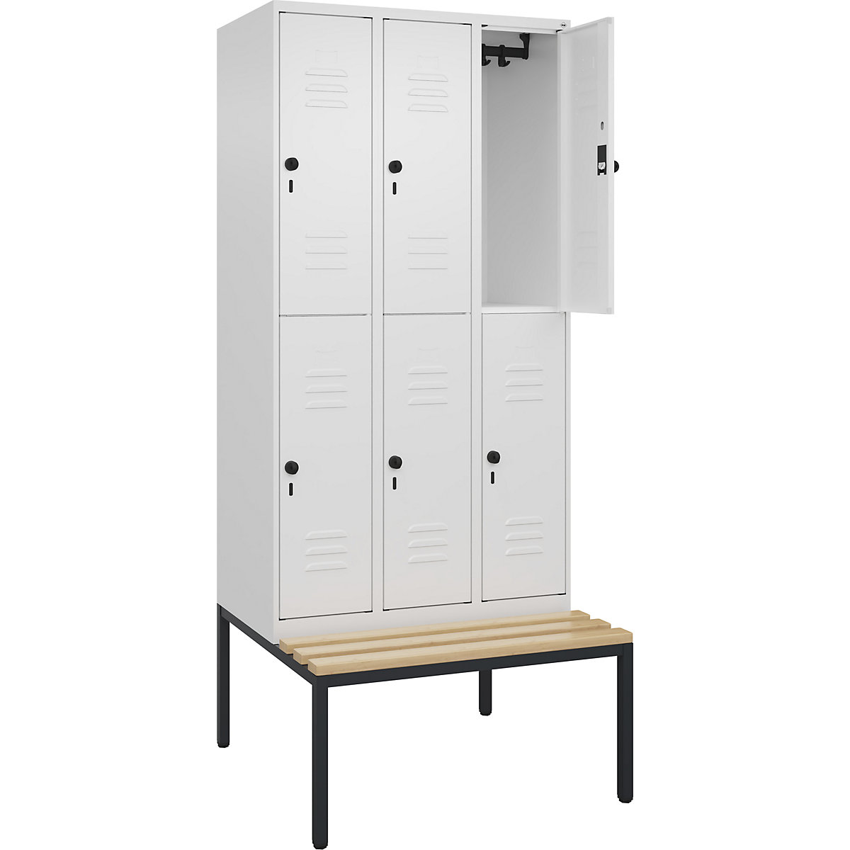 Armadietto a due piani Classic PLUS con panca – C+P, 3 scomparti, bianco traffico, largh. 900 mm, serratura girevole di sicurezza, panca integrata, legno duro di faggio-0