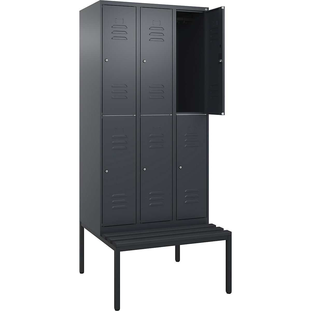Armadietto a due piani Classic PLUS con panca – C+P, 3 scomparti, grigio, largh. 900 mm, serratura a cilindro, panca integrata, plastica-0