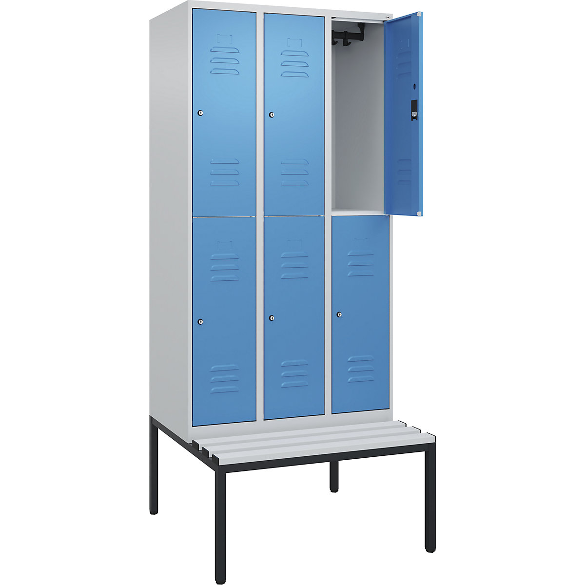 Armadietto a due piani Classic PLUS con panca – C+P, 3 scomparti, grigio chiaro / blu chiaro, largh. 900 mm, serratura a cilindro, panca integrata, plastica-0
