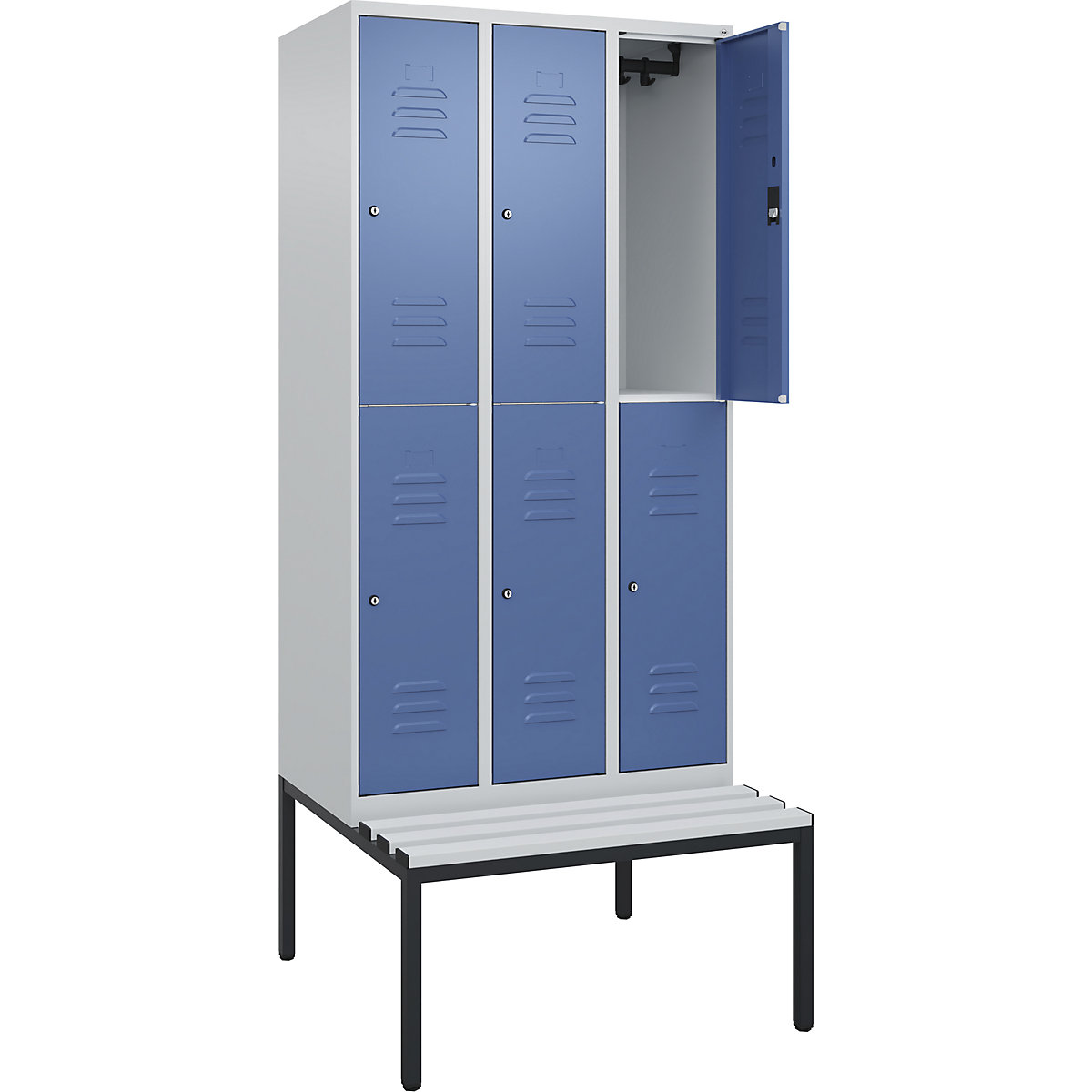 Armadietto a due piani Classic PLUS con panca – C+P, 3 scomparti, grigio chiaro / indaco, largh. 900 mm, serratura a cilindro, panca integrata, plastica-0