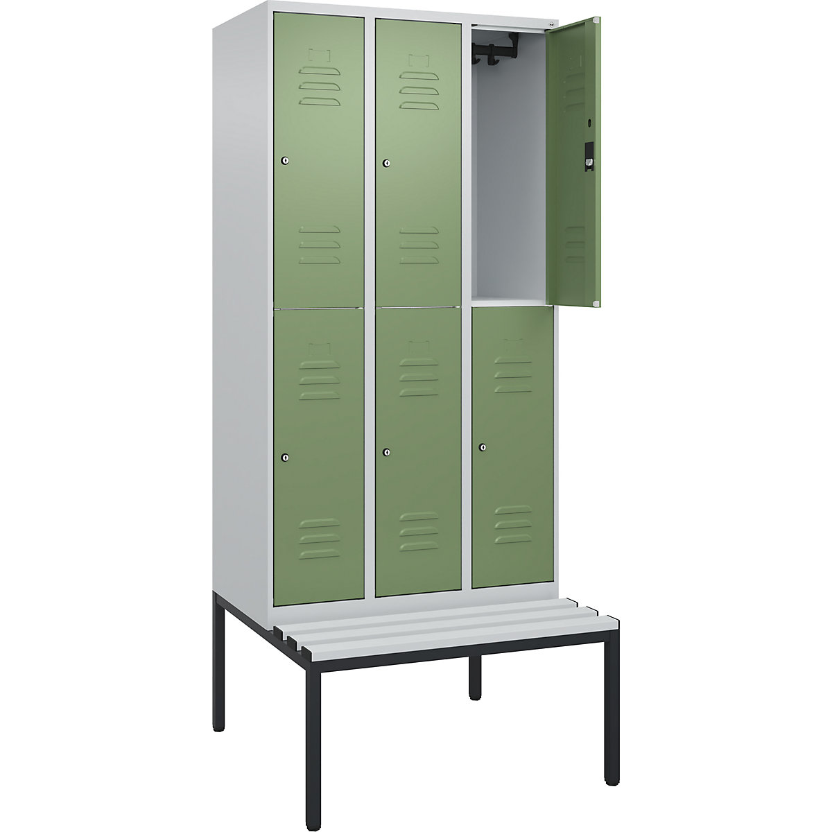 Armadietto a due piani Classic PLUS con panca – C+P, 3 scomparti, grigio chiaro / verde reseda, largh. 900 mm, serratura a cilindro, panca integrata, plastica-0